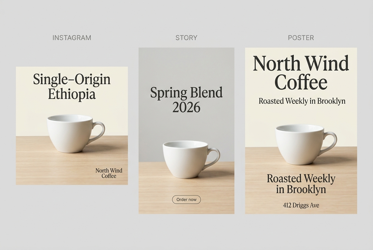 Coordinated three-panel brand kit showing the same coffee brand across Instagram post, Story, and printed poster formats with identical wordmark and palette