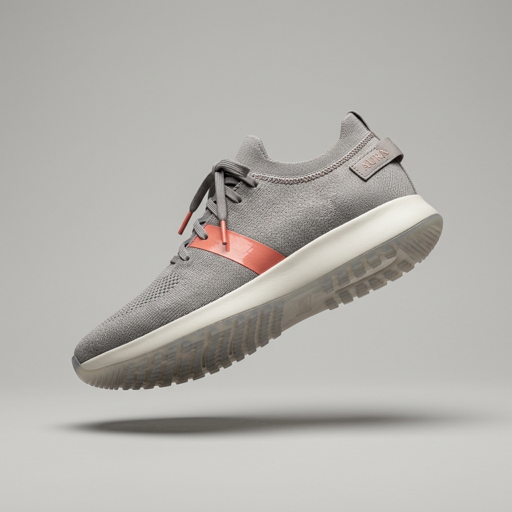 Studio-finish product shot of a premium sneaker with detailed materials, softbox lighting, and micro-stitching visible after a detailed prompt