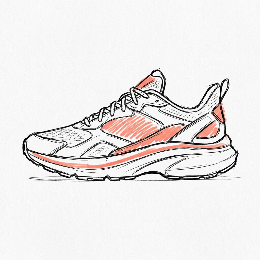 Flat concept-sketch rendering of a sneaker with minimal shading and no materials, produced from a minimal prompt