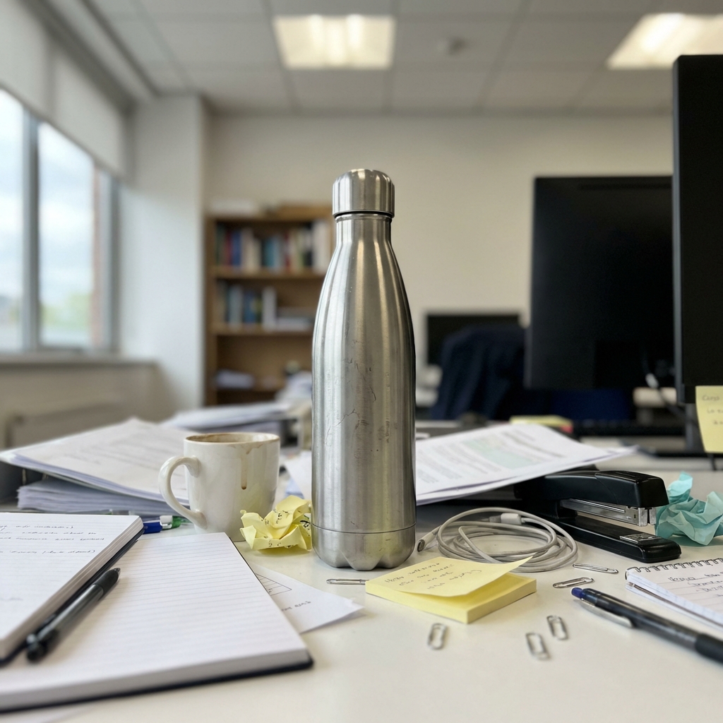 Product photo on cluttered desk background before AI background removal