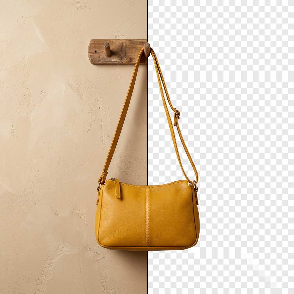 Handbag with AI background removal — split view showing cluttered background removed cleanly