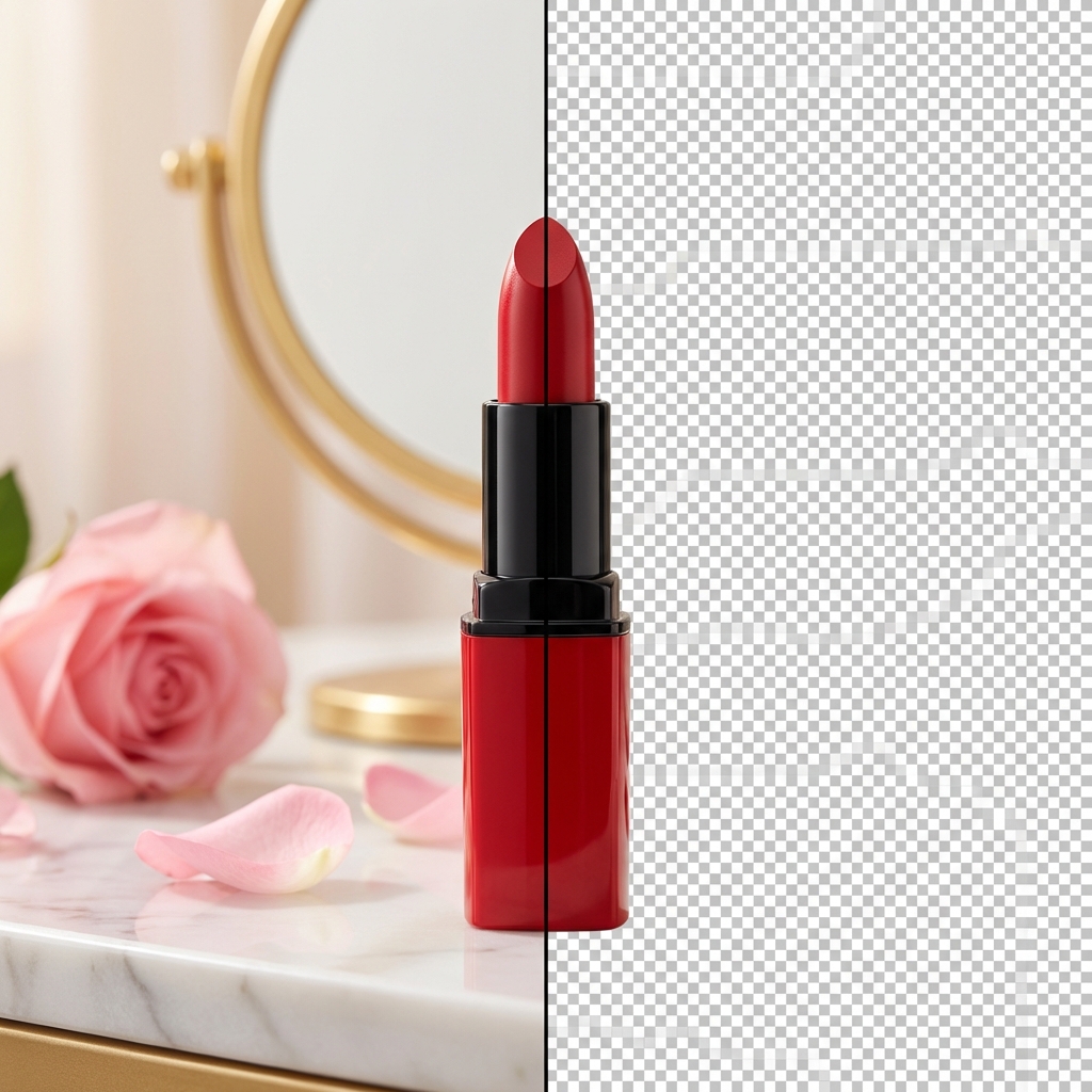 Cosmetics product with AI background removal — split before and after view of beauty product