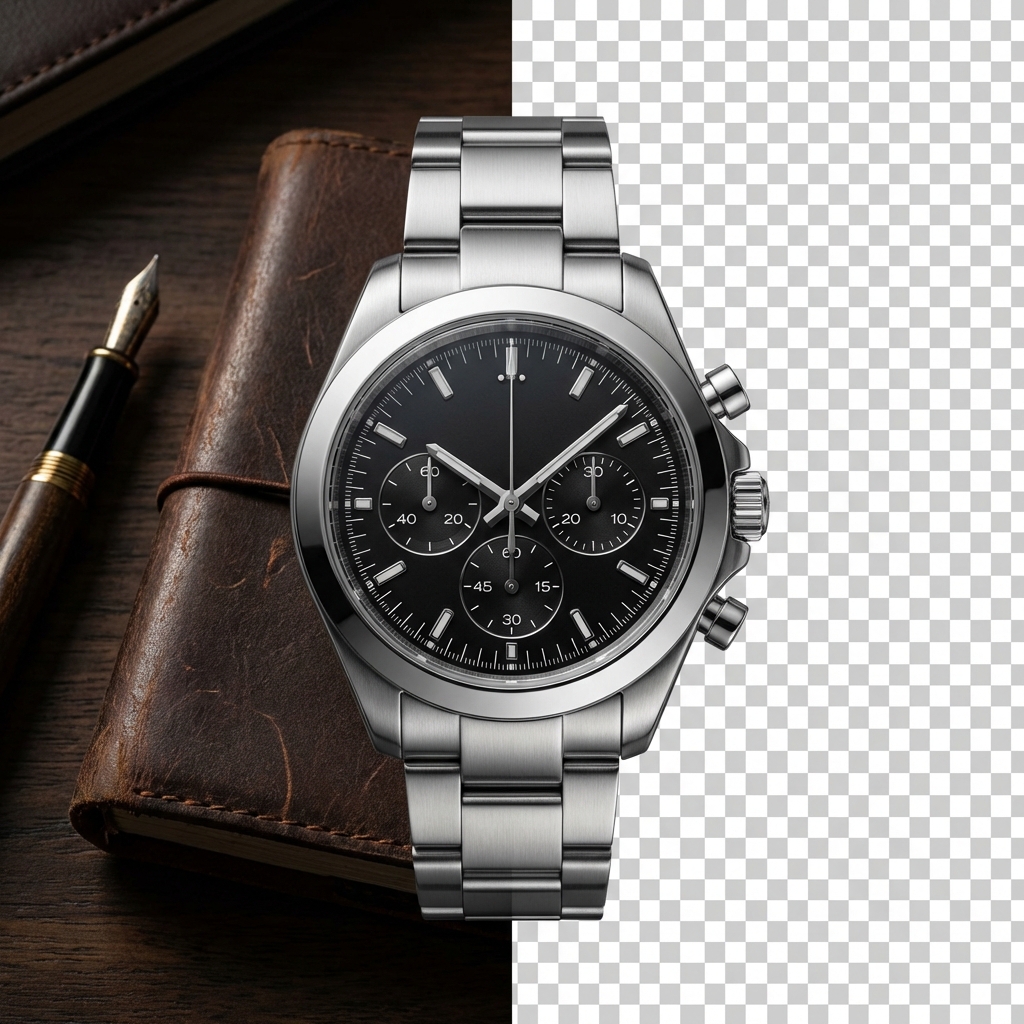 Watch product with background removed — split before and after view showing edge precision