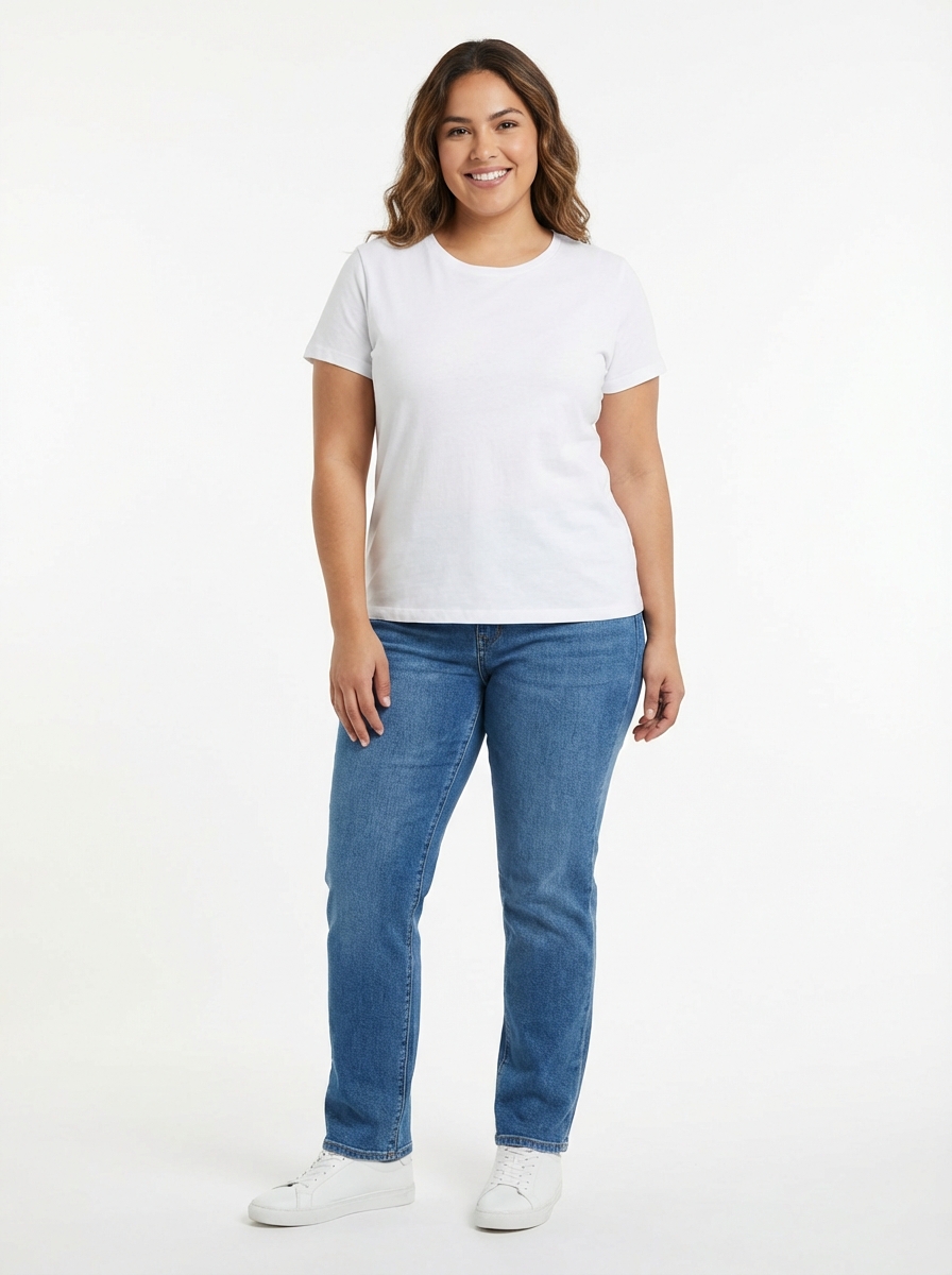 Before: model in white t-shirt