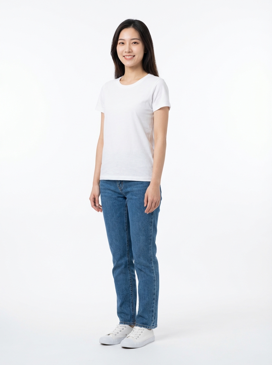 Slim East Asian female model for AI clothes changer — studio pose on white background
