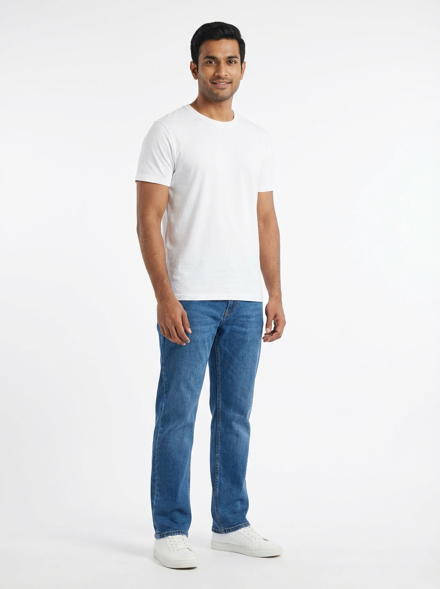 South Asian male model ready for AI outfit swap — neutral outfit on white background