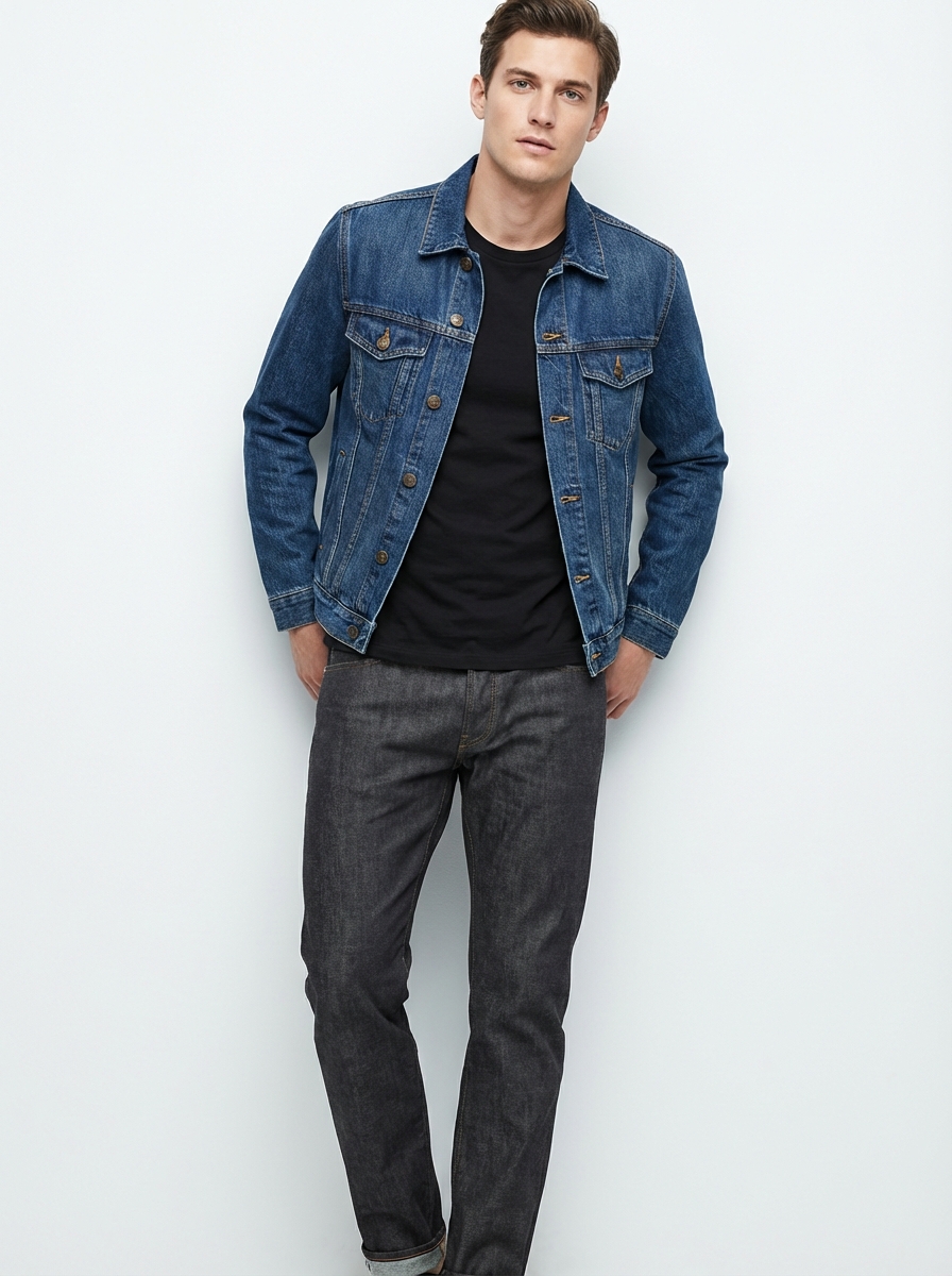 AI clothing changer result: model in a classic denim jacket