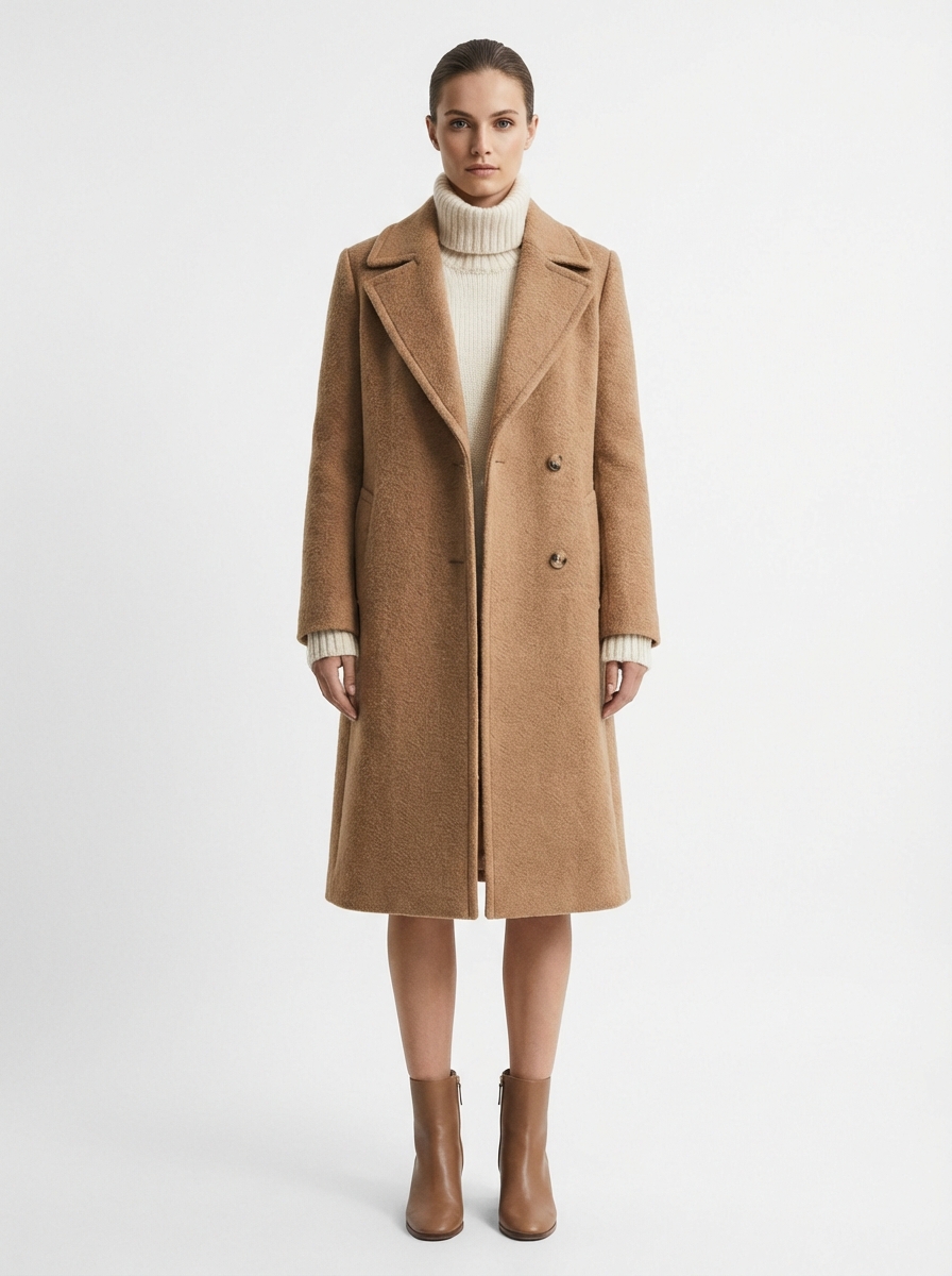 AI outfit swap result: model wearing a warm camel wool overcoat