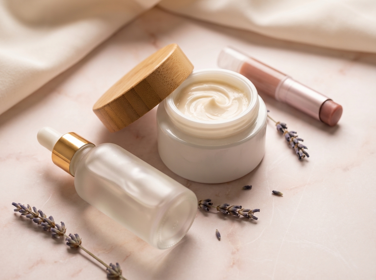 AI-generated beauty and cosmetics product photo arrangement