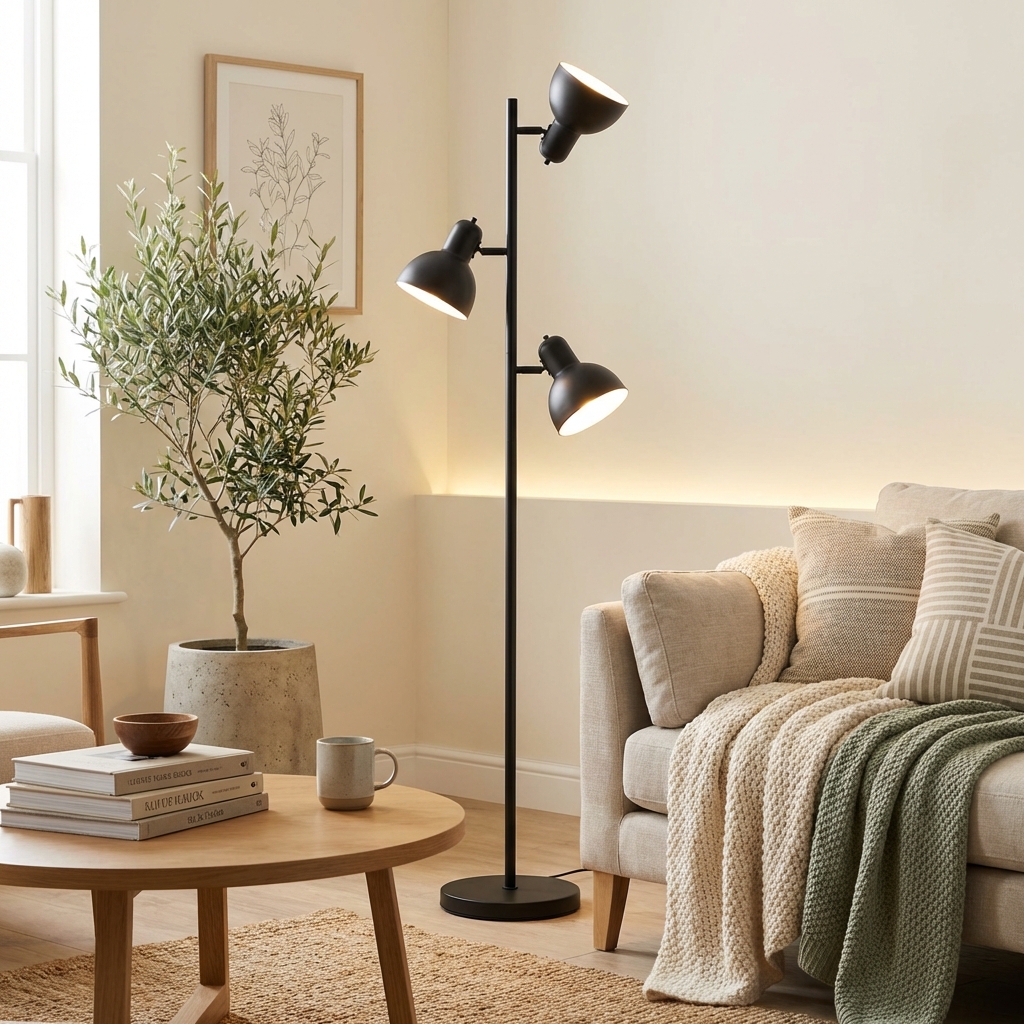 AI-generated home decor floor lamp in a styled modern living room setting