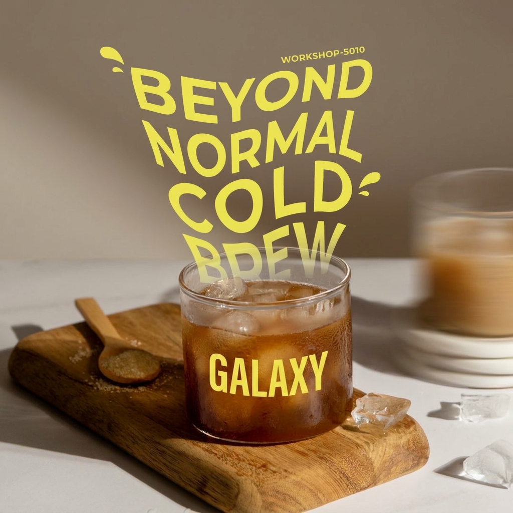 Cold brew cocktail glass on wooden board with bold yellow typography poster