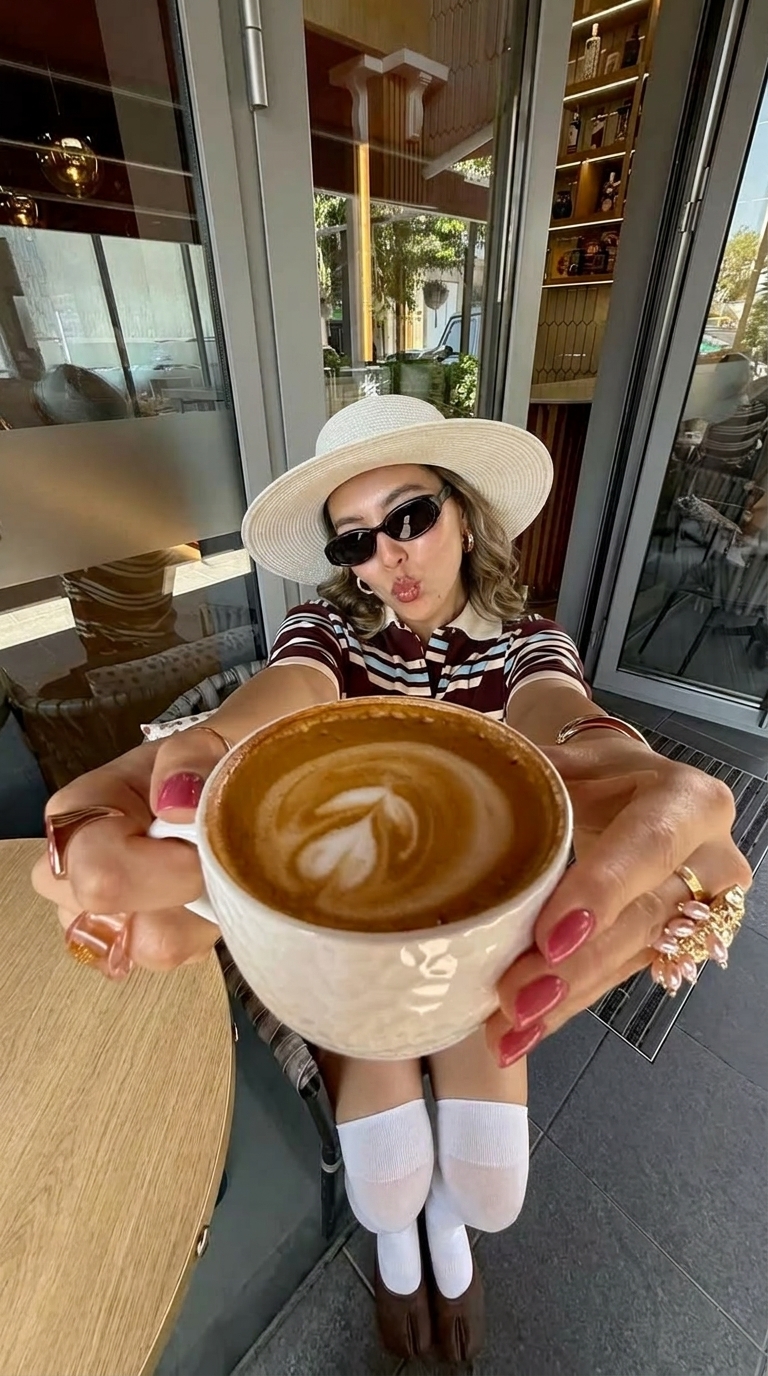 Cafe latte candid with model holding oversized cup toward camera in white sun hat
