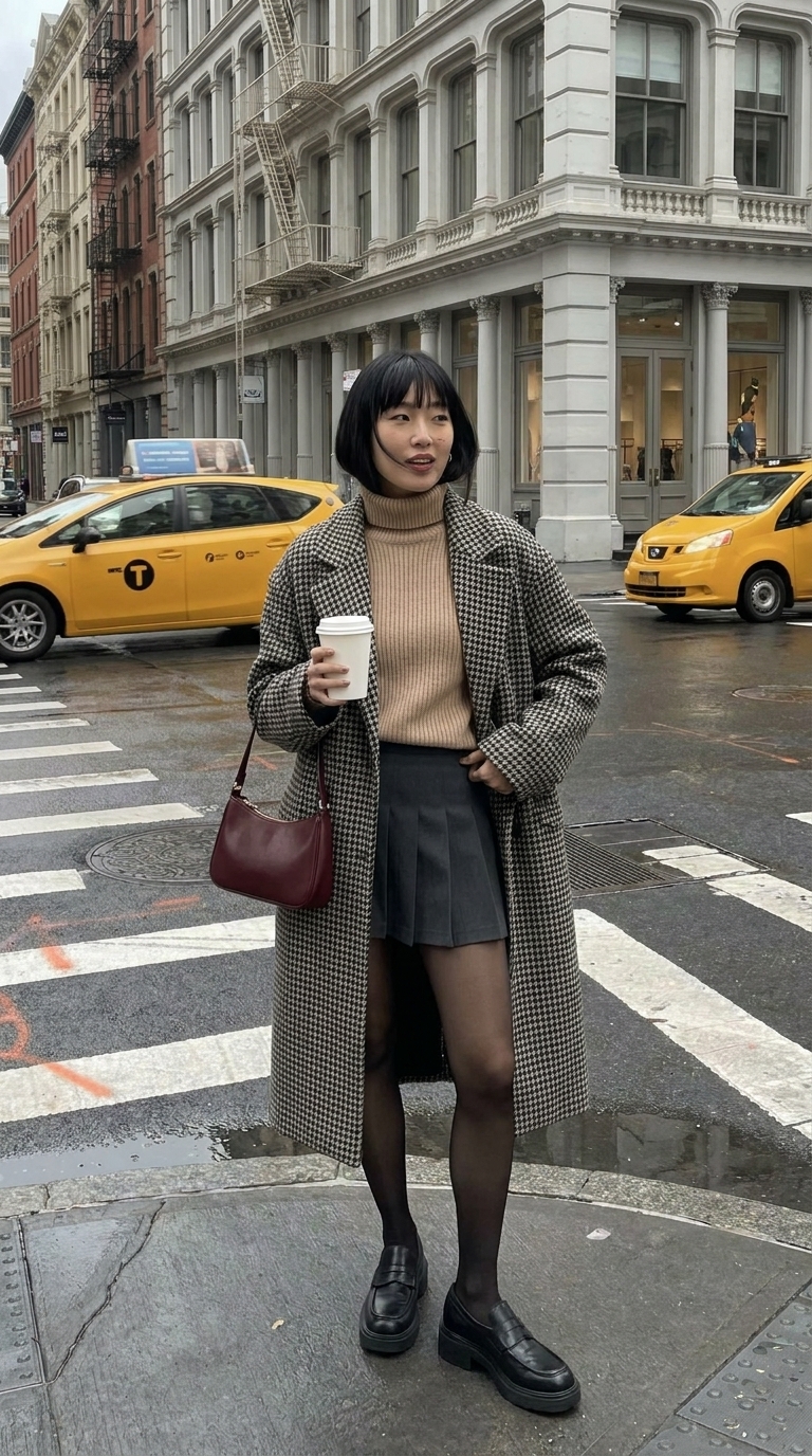 Dark academia wool coat portrait on wet autumn sidewalk