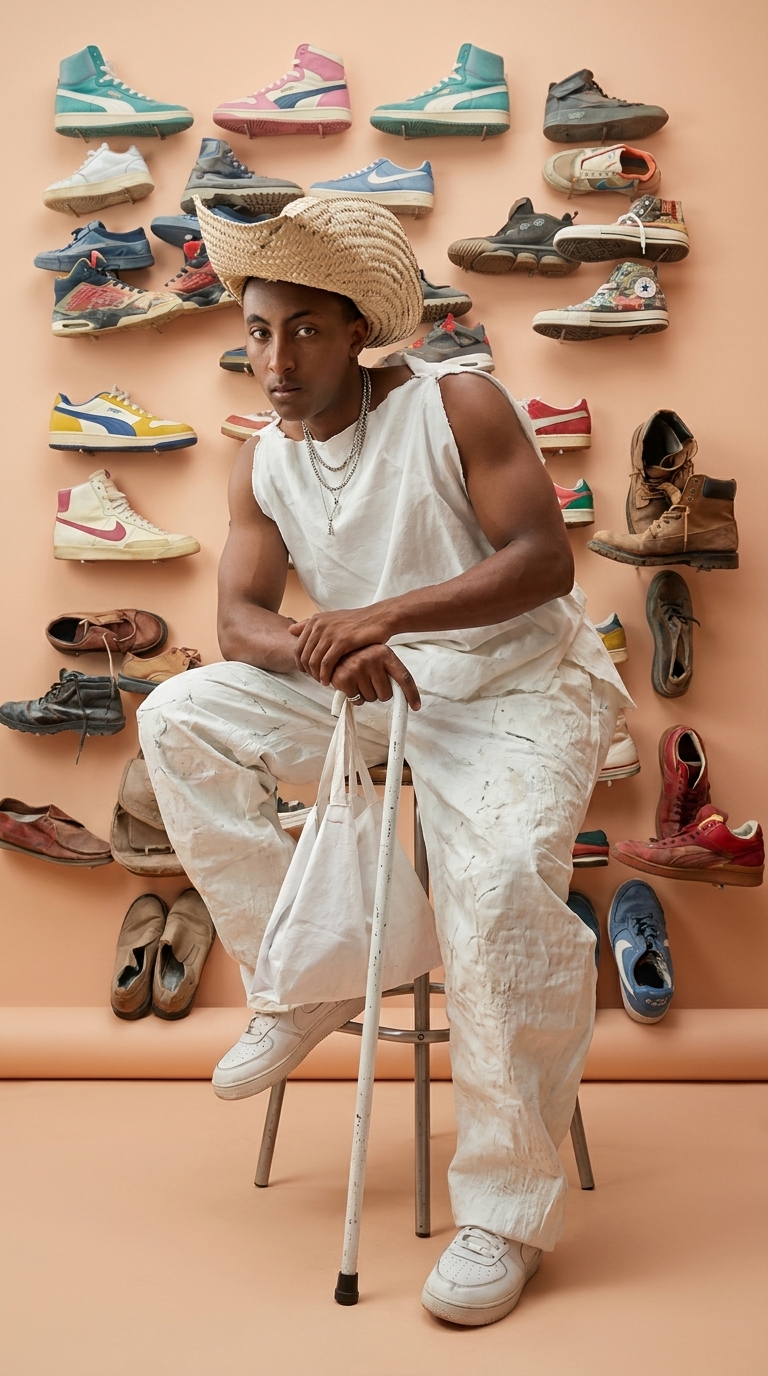 Studio portrait in oversized white streetwear seated in front of 80s sneaker wall