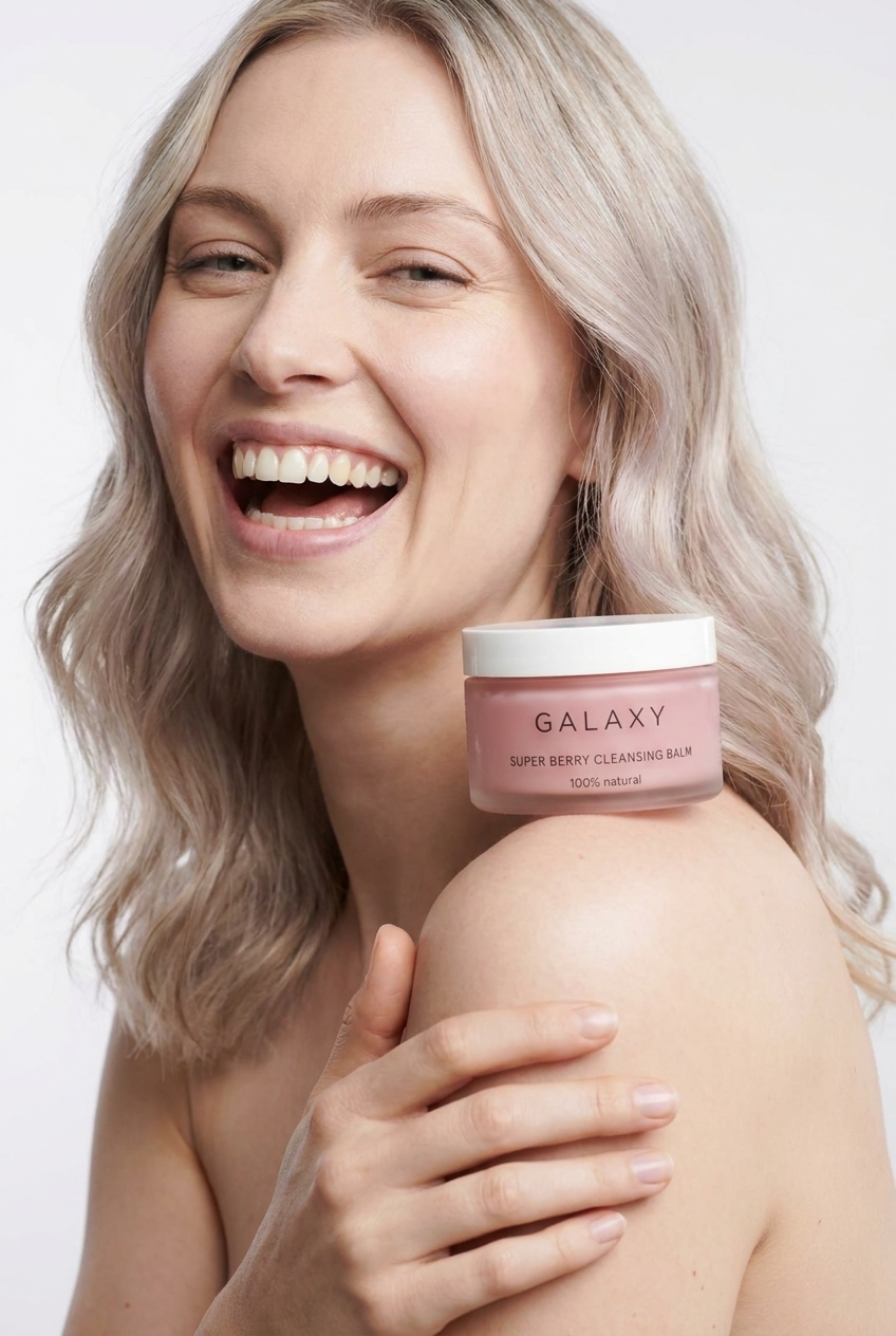 Joyful laughing portrait with skincare balm jar on bare shoulder