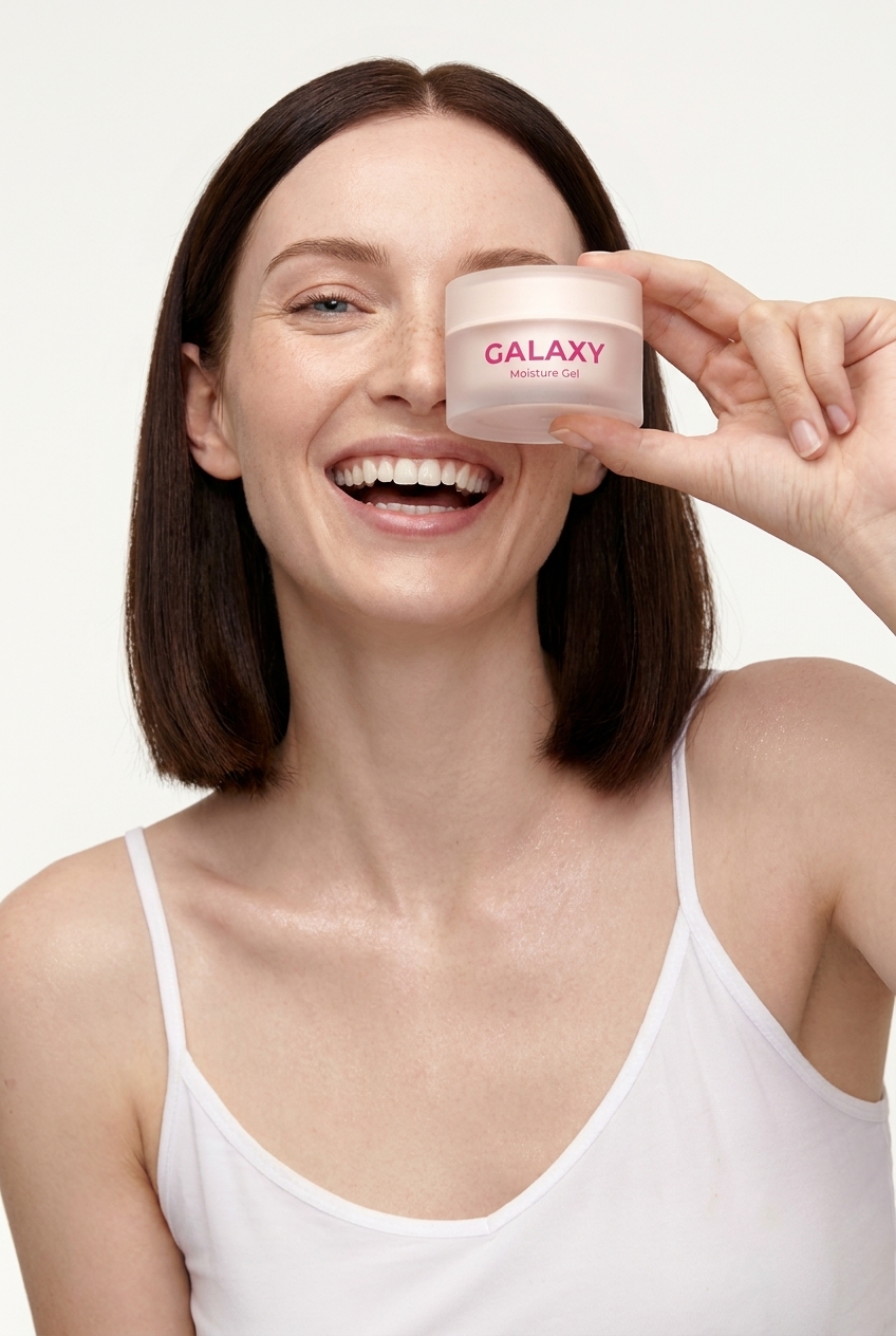Joyful portrait with pink moisture gel jar held near the eye