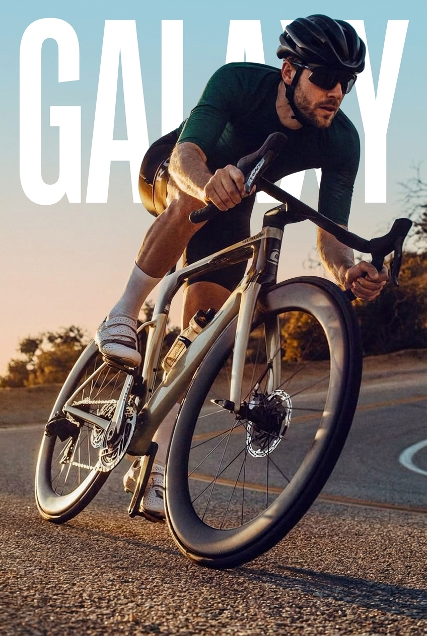 Sunset cyclist leaning into corner with bold wordmark across the sky