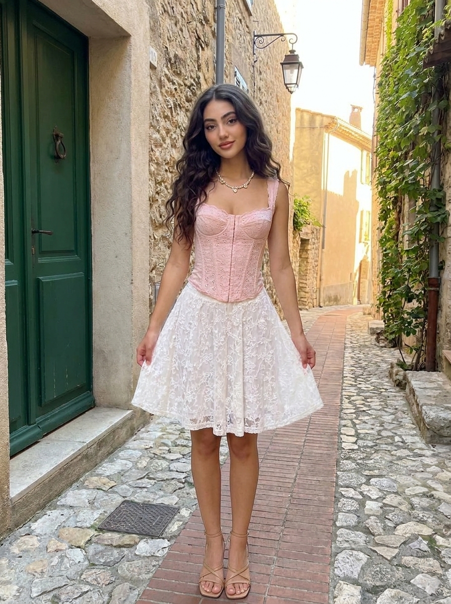 Cobblestone alley portrait in pink bustier and lace short skirt with golden backlight