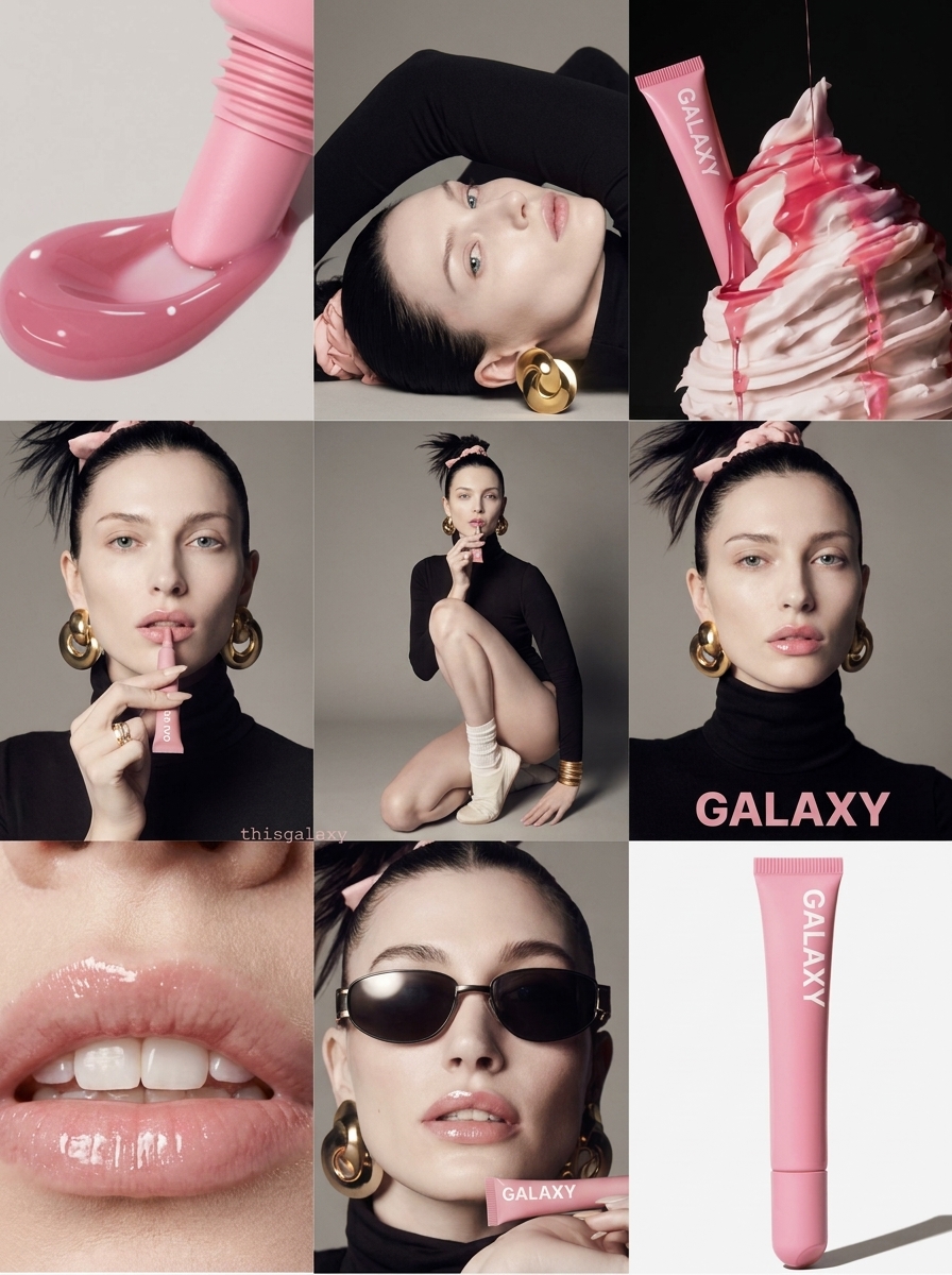 Nine-panel pink lip tint moodboard with product macros and model portraits