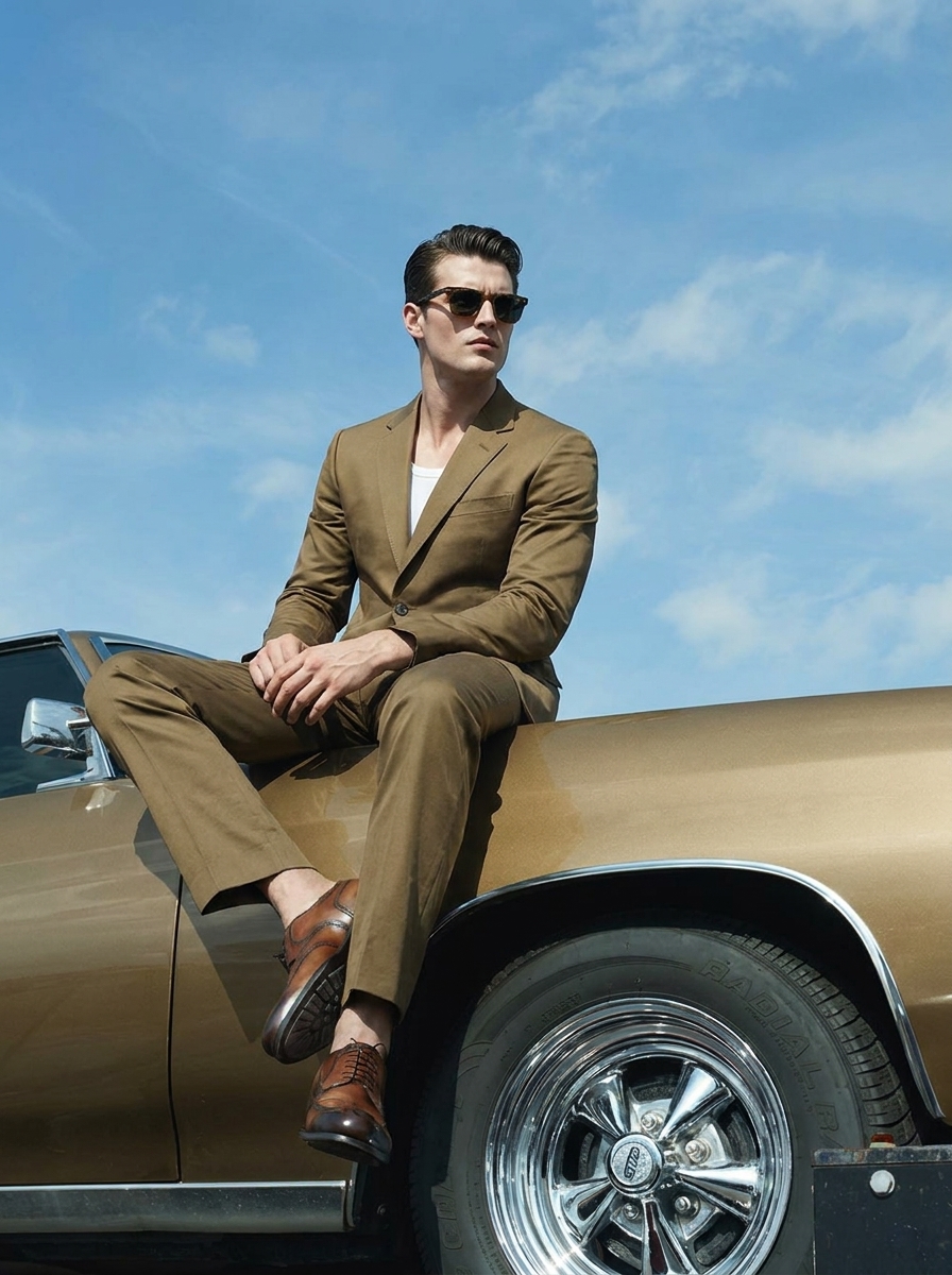 Muscular model in khaki suit seated on matching vintage muscle car against blue sky