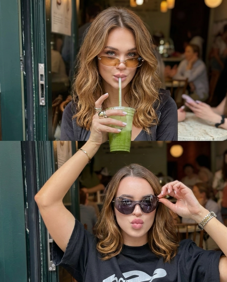 Two-panel cafe diptych with model in black tee and matcha drink