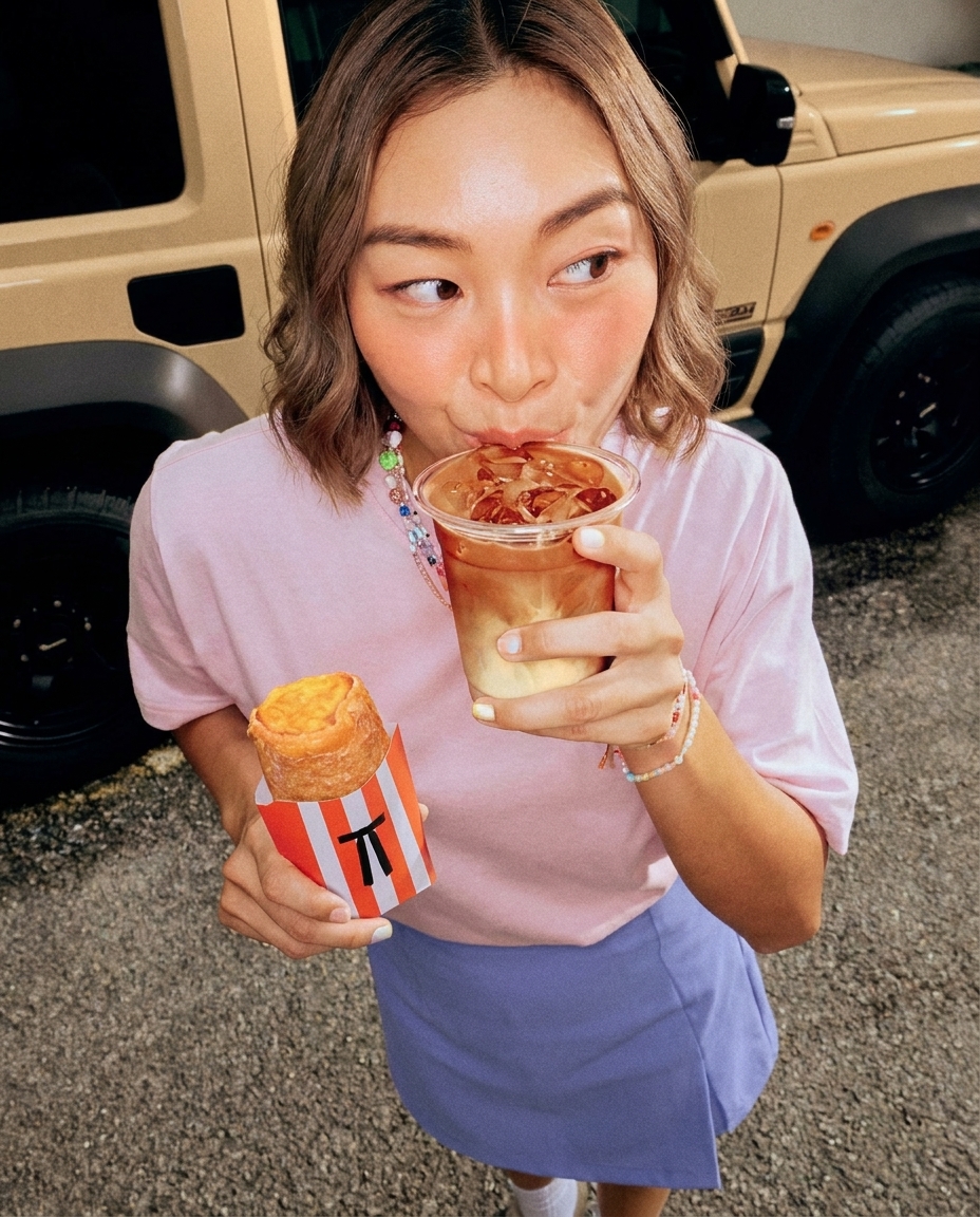 Outdoor candid with model holding iced latte and striped snack box