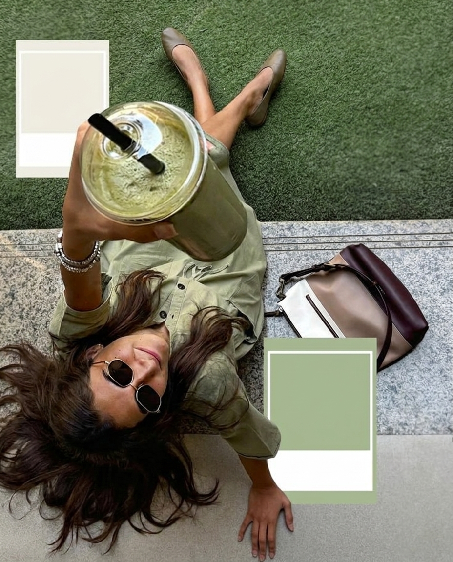 Overhead lifestyle flat-lay with iced matcha and minimal color swatches