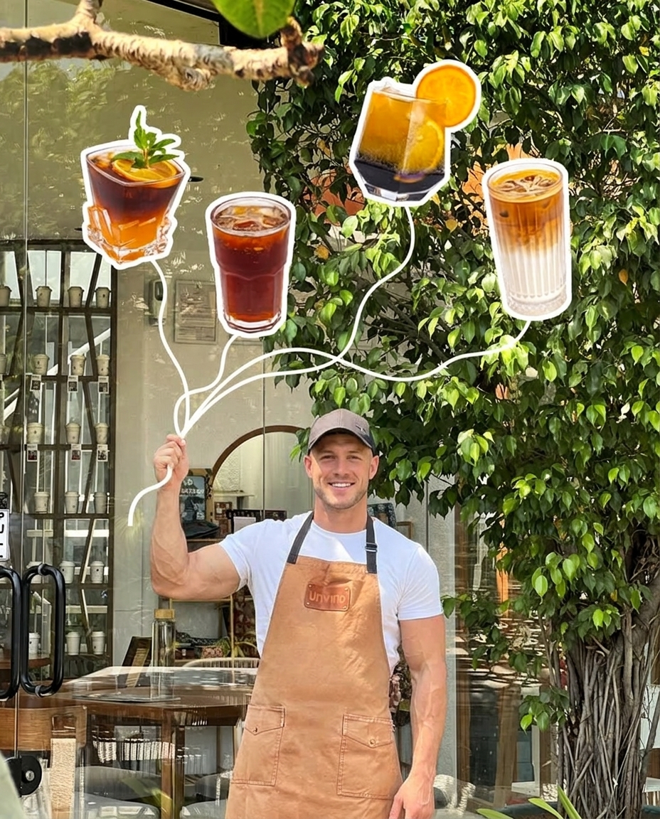 Outdoor cafe barista holding illustrated floating drinks over tan apron