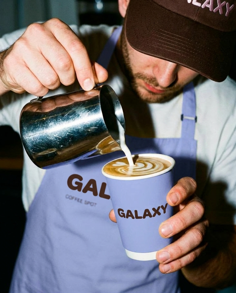 Barista pouring rosetta latte art into branded takeaway cup
