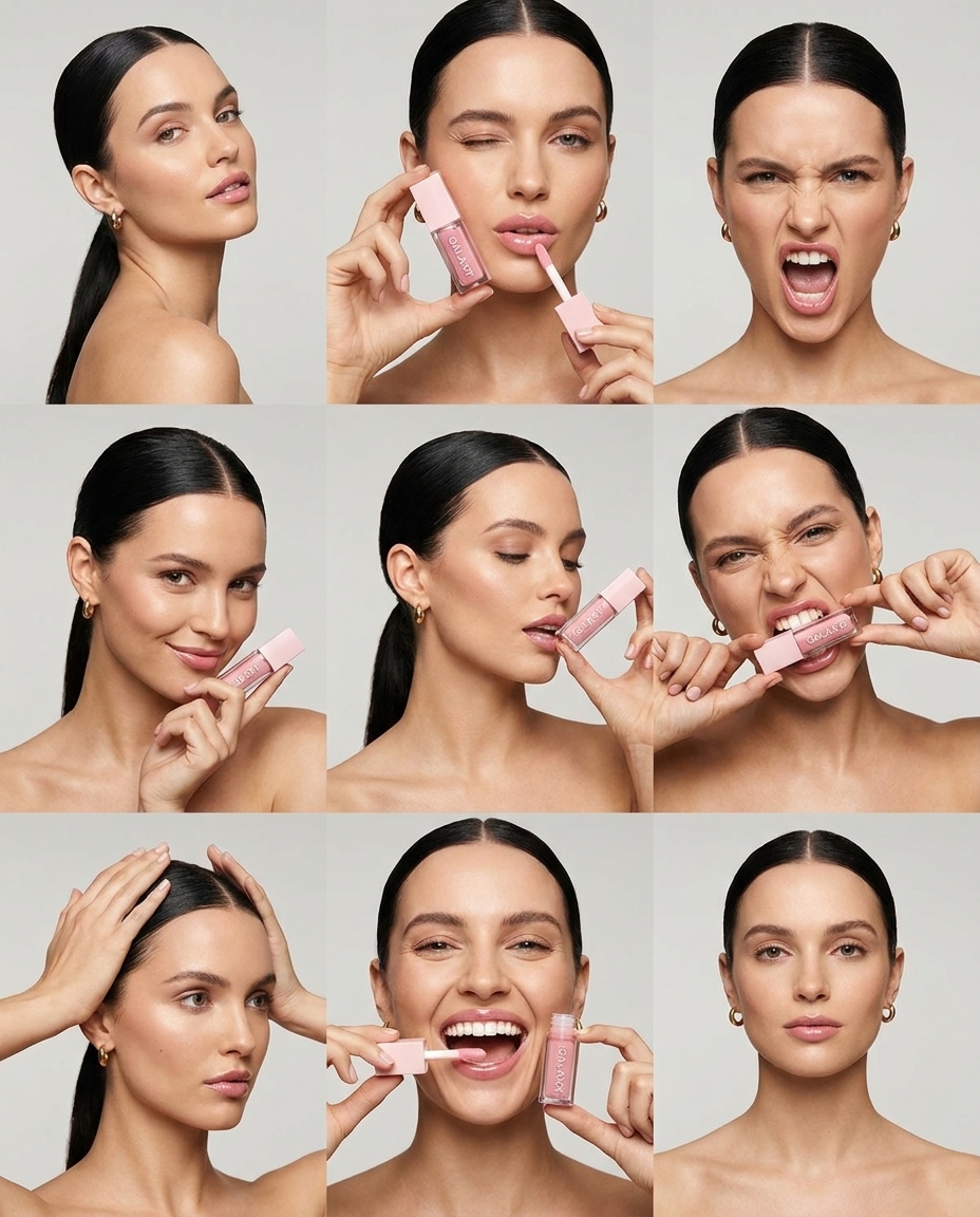 Nine-panel lip oil campaign with expressive poses on grey studio