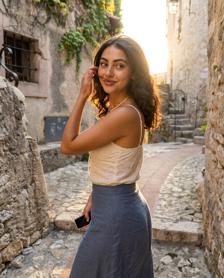 Golden hour cottagecore prairie dress on cobblestone alley