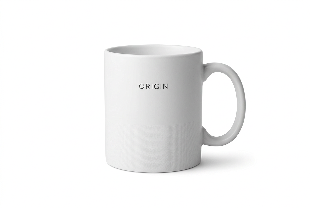 Nano Banana 2 product photography benchmark — ORIGIN ceramic mug on white background, e-commerce quality