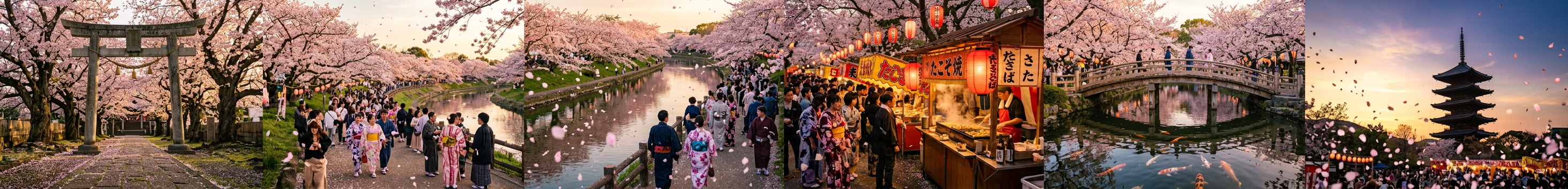 Nano Banana 2 ultra-wide 8:1 benchmark — Japanese cherry blossom festival panorama from torii gate to pagoda sunset