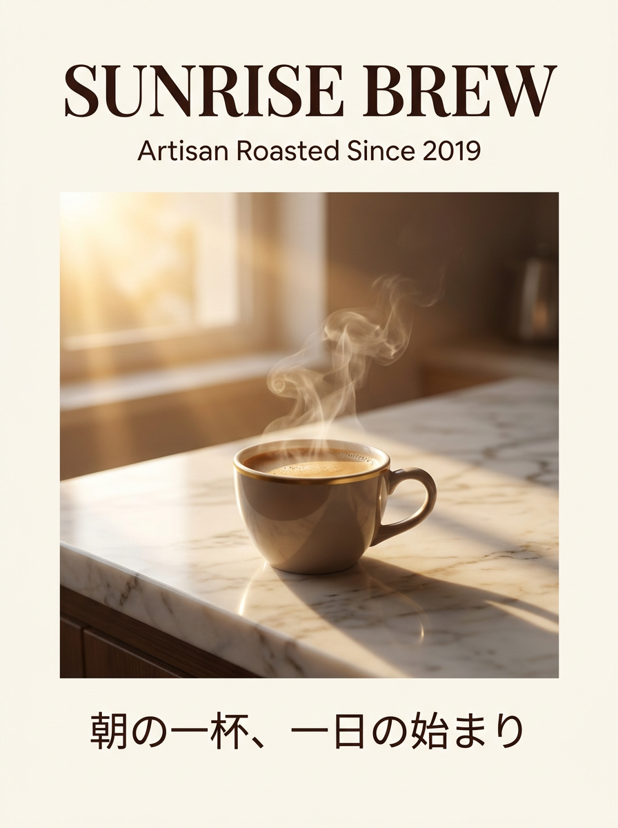 Nano Banana 2 text rendering — SUNRISE BREW bilingual coffee poster with English and Japanese typography