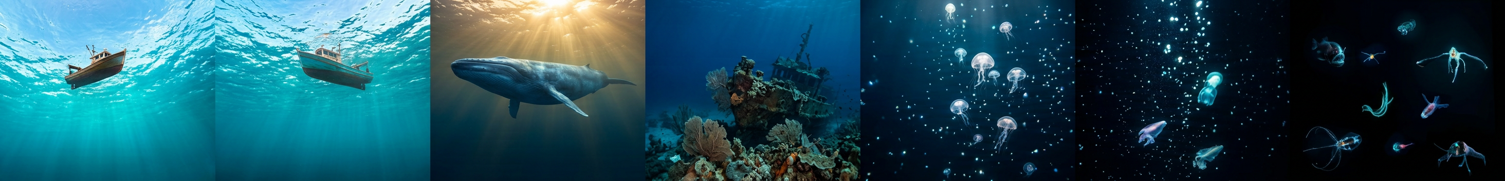 Nano Banana 2 ultra-wide 8:1 output — deep sea panorama from sunlit surface to bioluminescent abyss