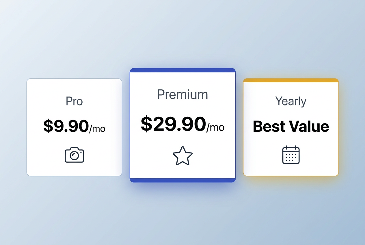 Lumiet NB2 pricing tiers — Pro $9.90/mo, Premium $29.90/mo, and Yearly Best Value plan comparison