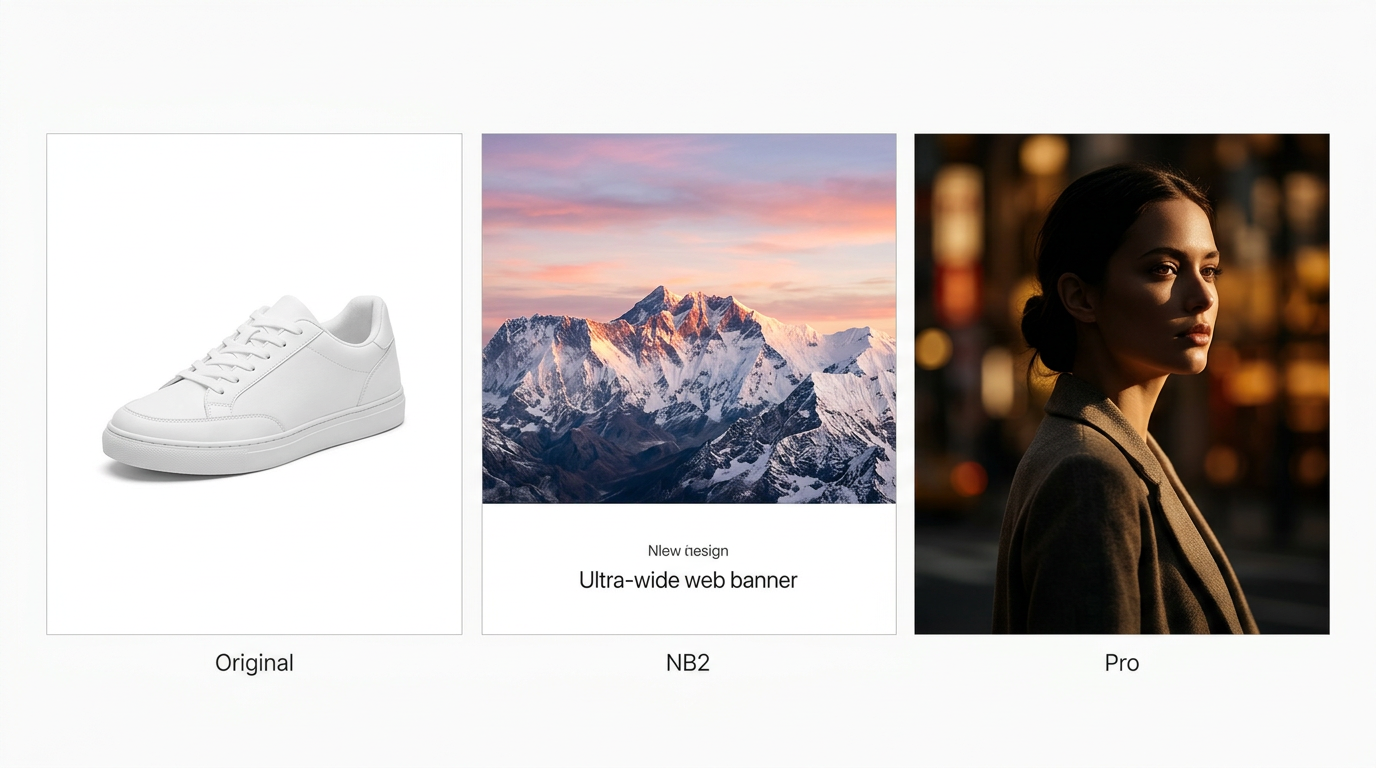 Nano Banana 2 vs Pro vs Original — three-model output comparison showing speed, versatility, and aesthetic quality