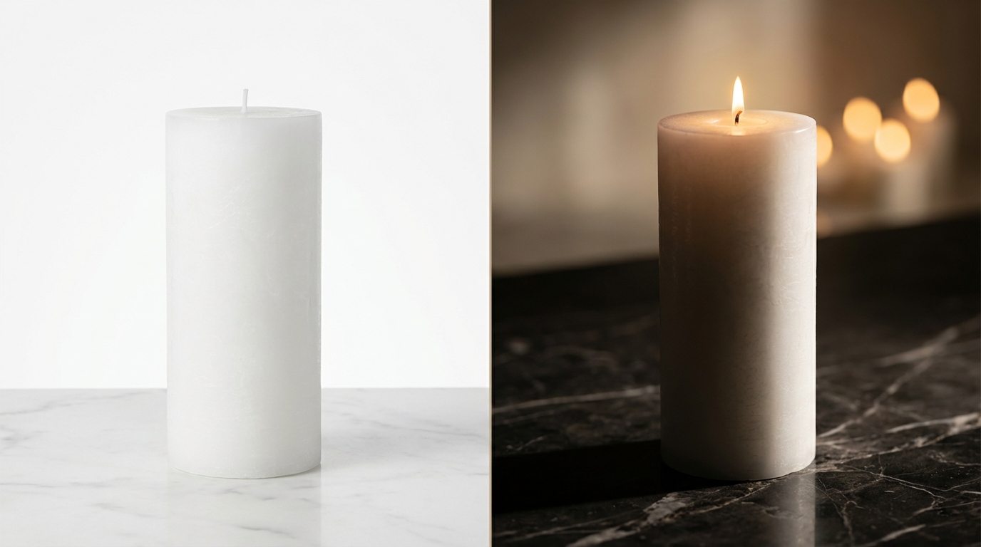 Nano Banana Pro quality — LUMINOS candle in e-commerce white-background style vs cinematic editorial lighting