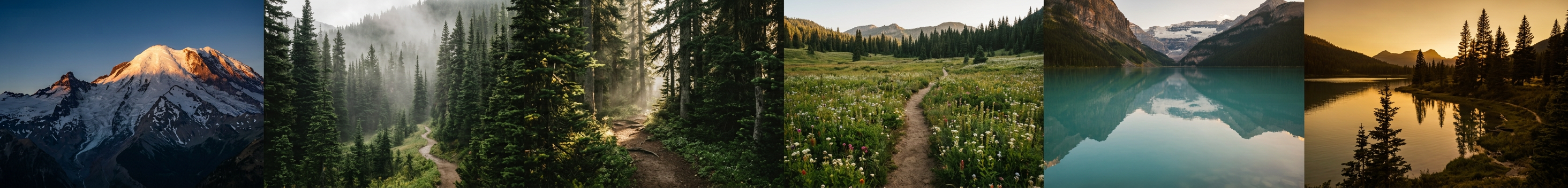 Nano Banana 2 exclusive 8:1 ultra-wide ratio — RIDGE & CO outdoor brand panoramic web banner from mountain to alpine lake