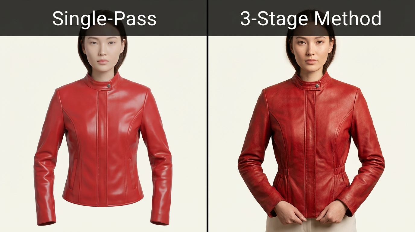 Single-pass virtual try-on result showing plastic-looking clothing overlay