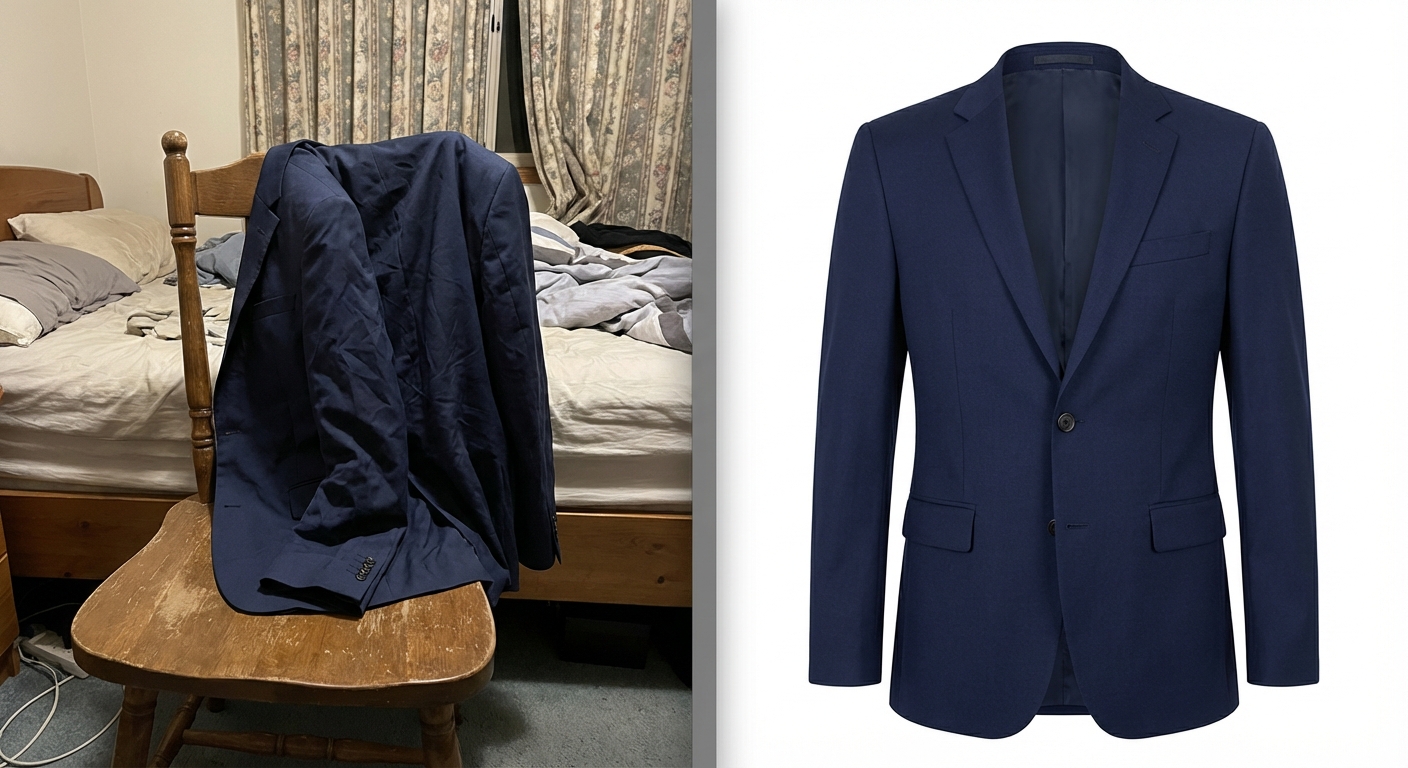 Navy blazer on white background — AI-generated ghost mannequin display vs casual bedroom photo