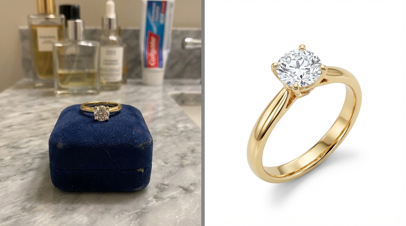 Gold engagement ring product photography — bathroom counter photo vs AI white background macro shot