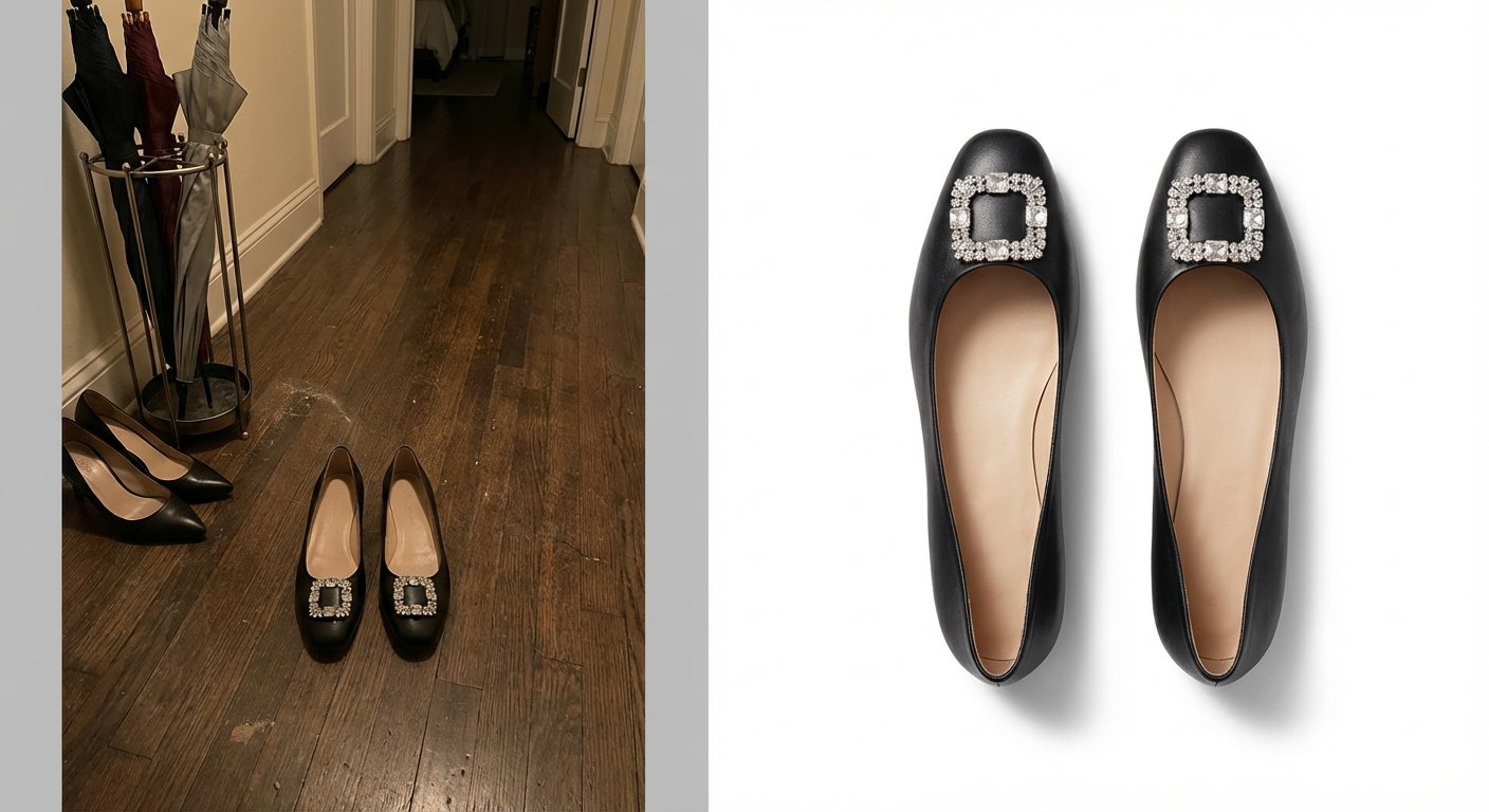 Black ballet flats product photo — casual hallway shot vs AI-generated white backdrop e-commerce image