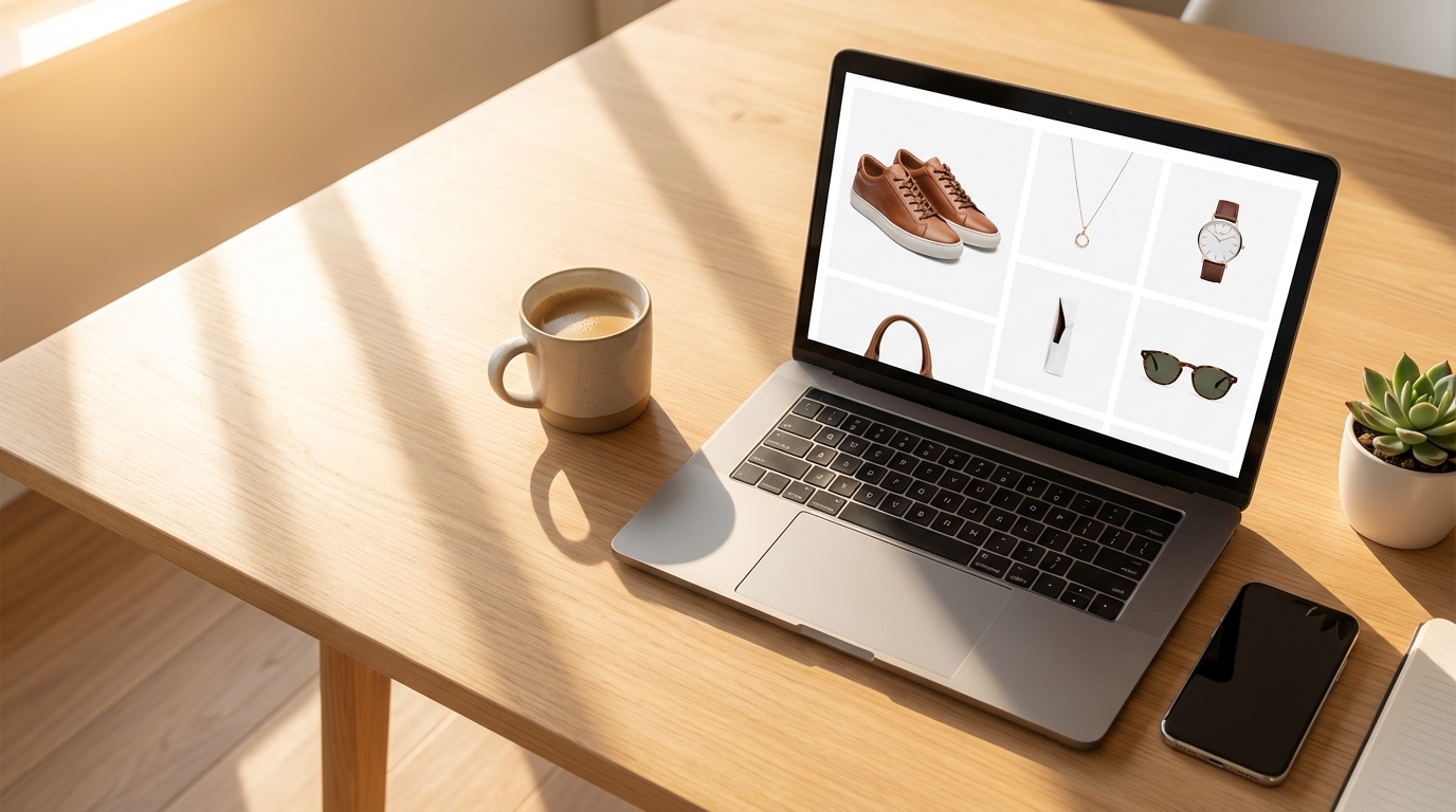 Modern workspace showing AI-generated white background product photos on a laptop — e-commerce photography made simple