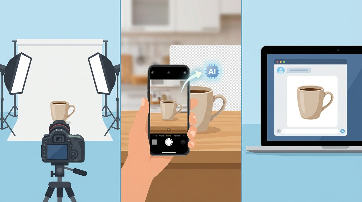 Three methods to create white background product photos — traditional studio, smartphone with AI background removal, and AI-generated photography